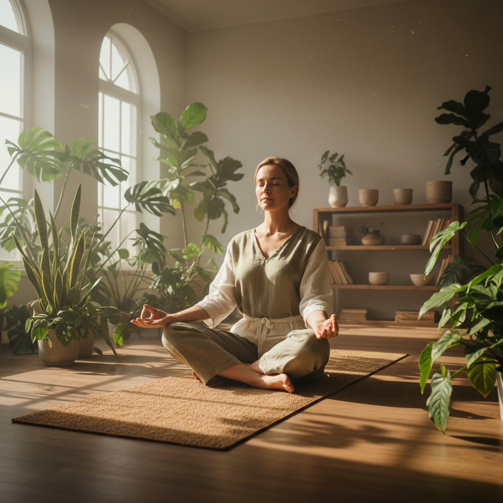Person meditating peacefully with coach guidance in serene environment