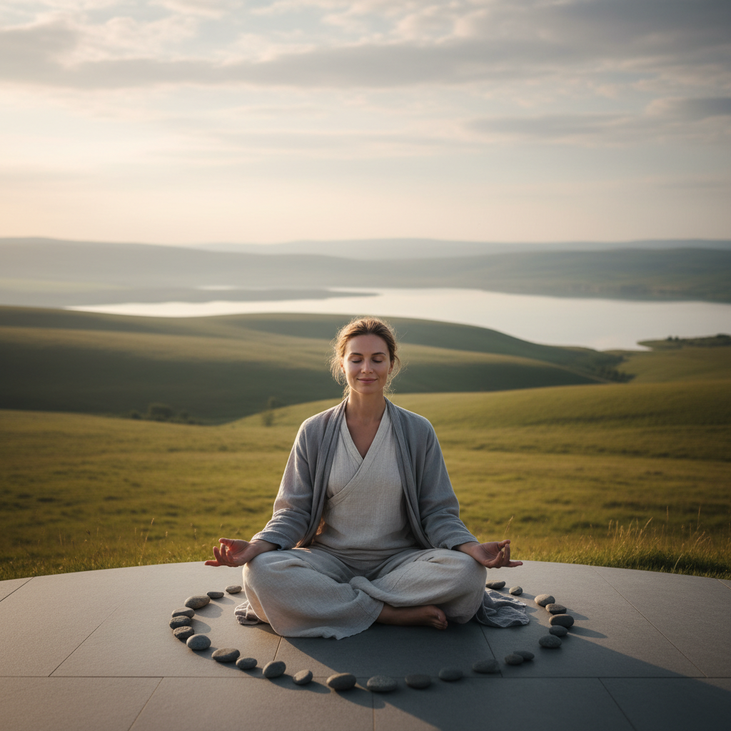 Peaceful woman meditating in lotus position outdoors in nature with eyes closed and serene expression showing inner peace