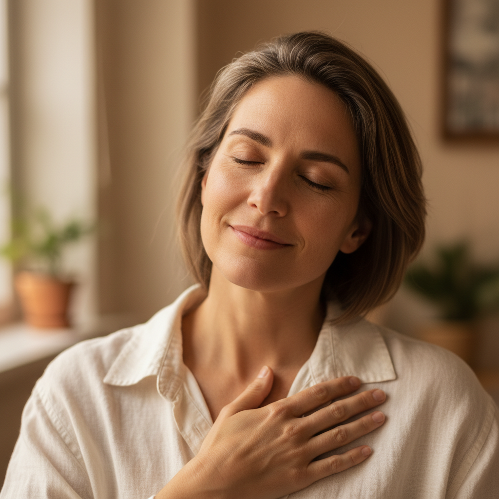 Close-up of person practicing breathwork meditation with peaceful expression
