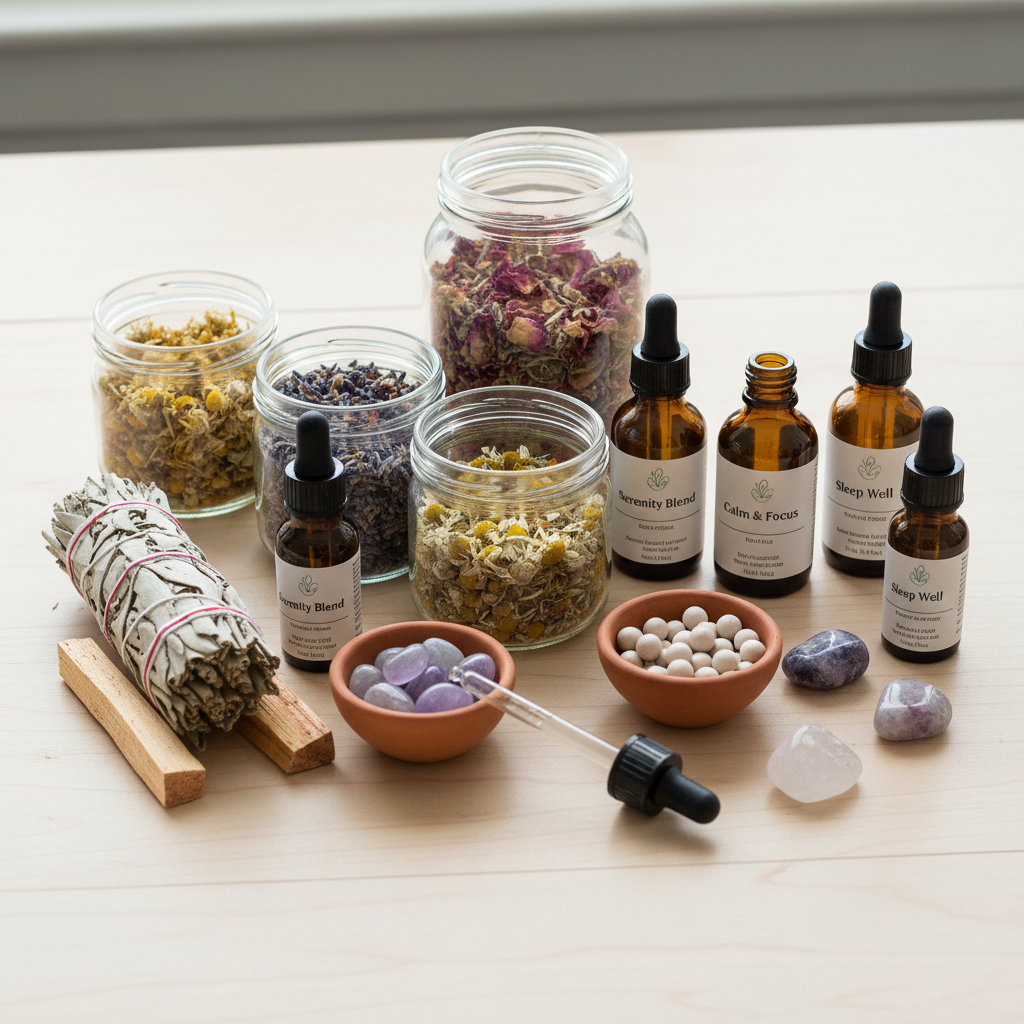 Collection of wellness products including meditation cushions, essential oil diffuser, crystals, and candles arranged aesthetically