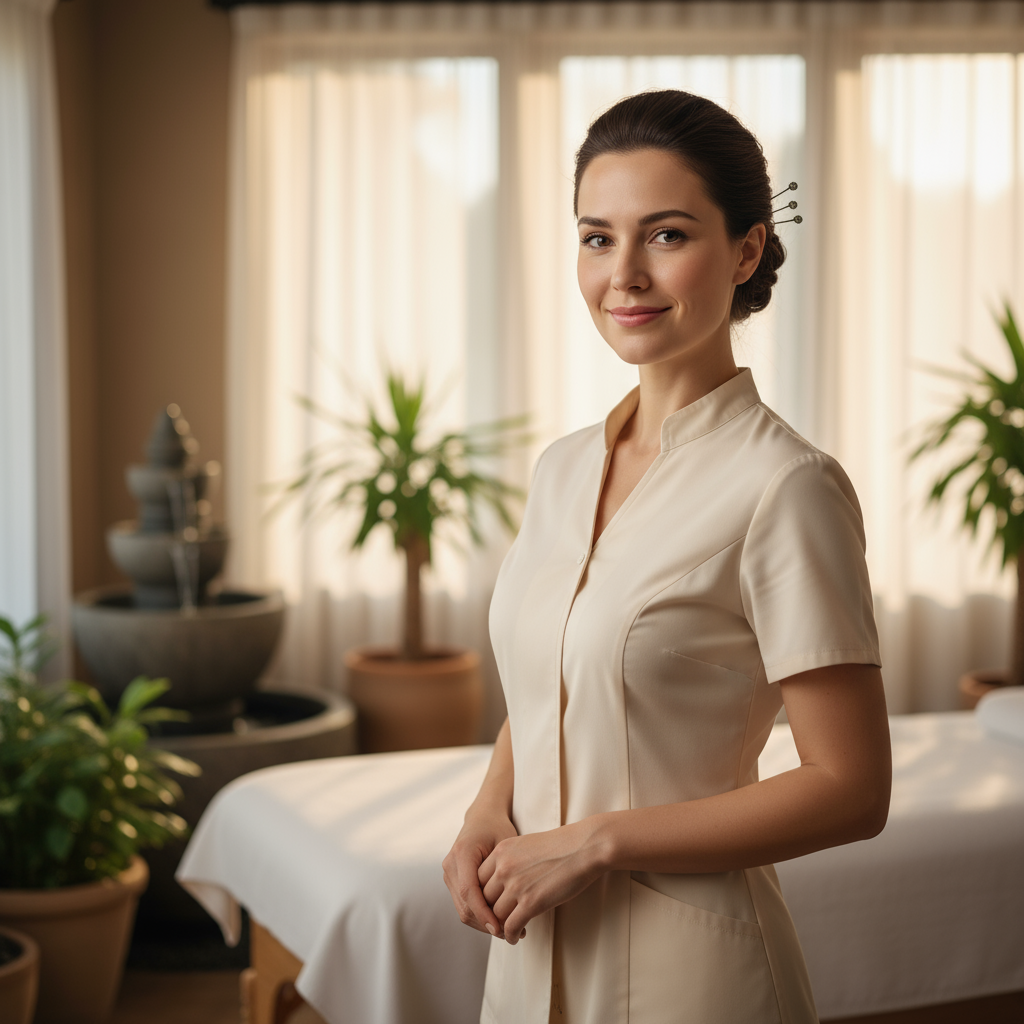 Serene spa treatment room with massage table, candles, and aromatherapy oils in peaceful setting